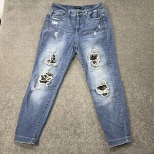 Judy Blue Camo Patch Distressed Boyfriend Jeans Medium Wash 14W Womens Denim